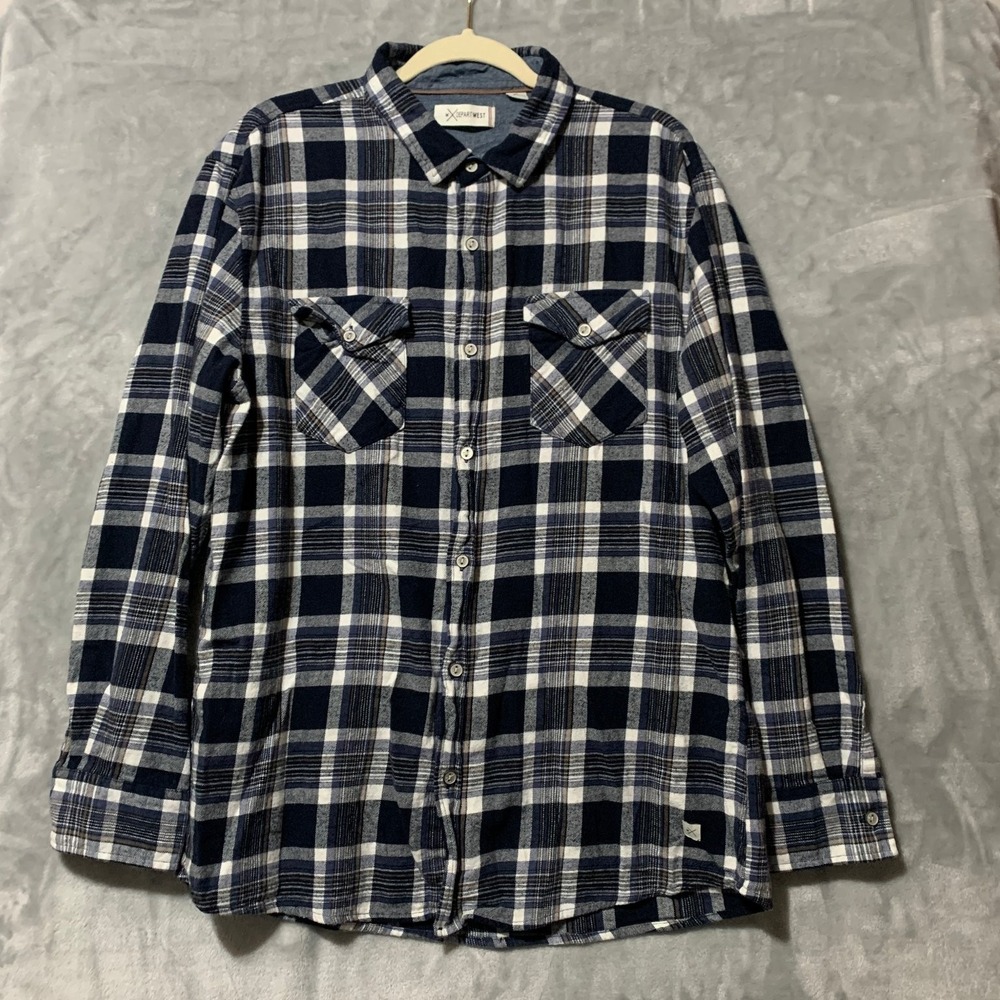 BKE Departwest Men's Flannel Button-Down Shirt XL Navy White‎ Cotton Plaid Soft
